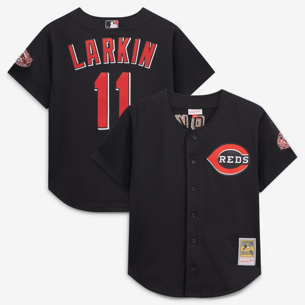 Cincinnati Reds Barry Larkin Cooperstown Mesh Batting Practice Button-Up Jersey | Black