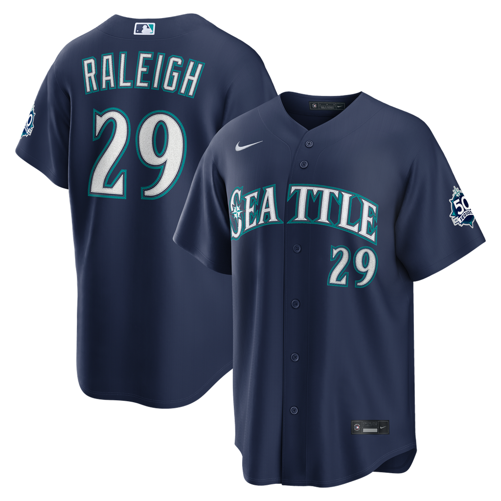 Seattle Mariners Cal Raleigh Road Stadium 50th Season Patch Jersey | Navy