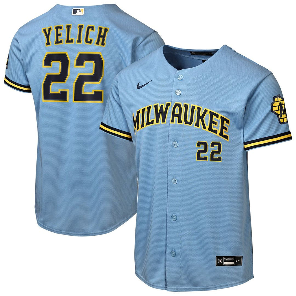 Milwaukee Brewers Christian Yelich Youth Road Stadium Jersey | Powder Blue