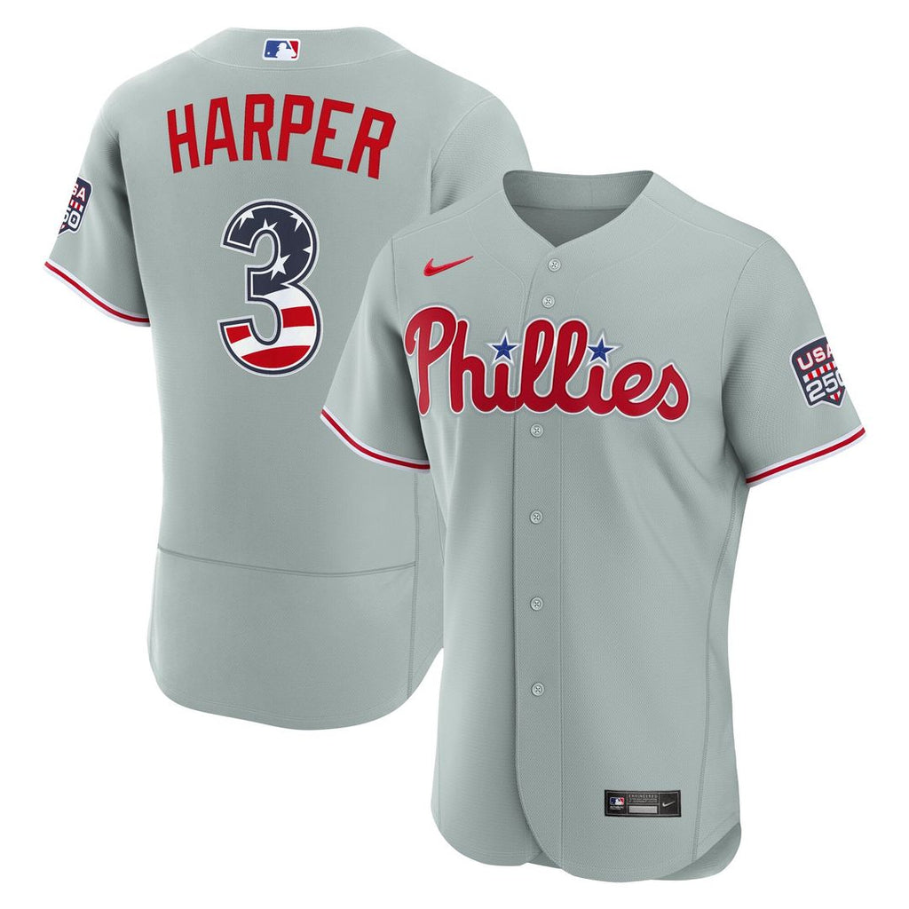 Philadelphia Phillies Bryce Harper USA 250 Fourth of July Road Authentic Jersey | Gray