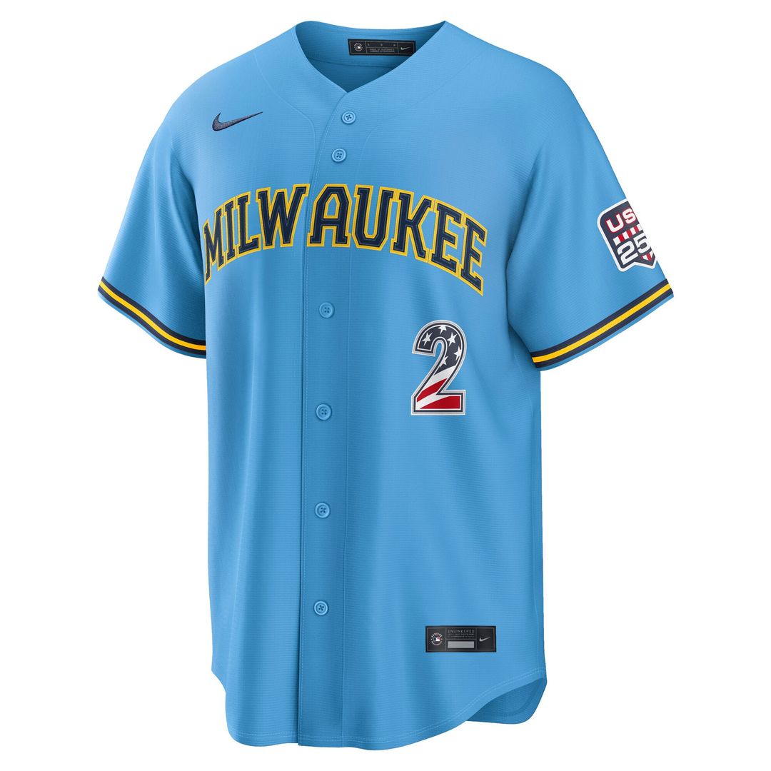Milwaukee Brewers Brice Turang USA 250 Fourth of July Road Stadium Jersey | Light Blue