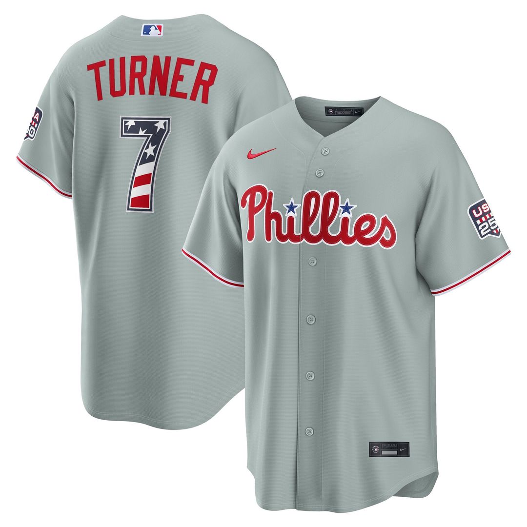 Philadelphia Phillies Trea Turner USA 250 Fourth of July Road Stadium Jersey | Gray