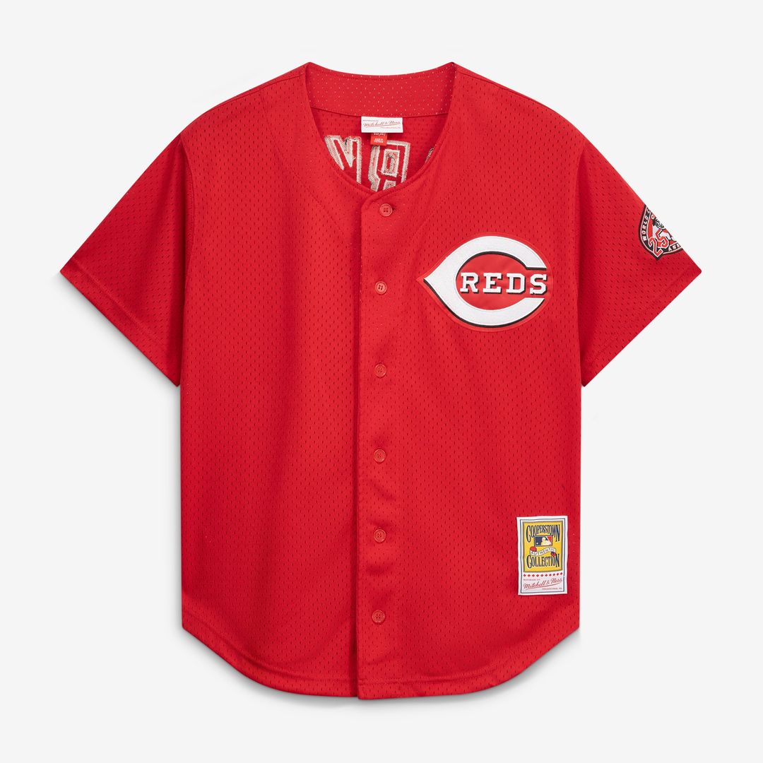 Cincinnati Reds Barry Larkin Cooperstown Mesh Batting Practice Button-Up Jersey | Black