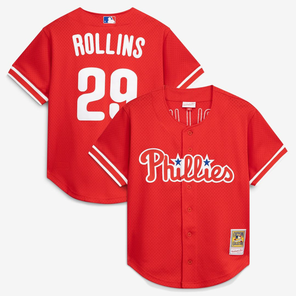Philadelphia Phillies Jimmy Rollins Cooperstown Mesh Batting Practice Button-Up Jersey | Red