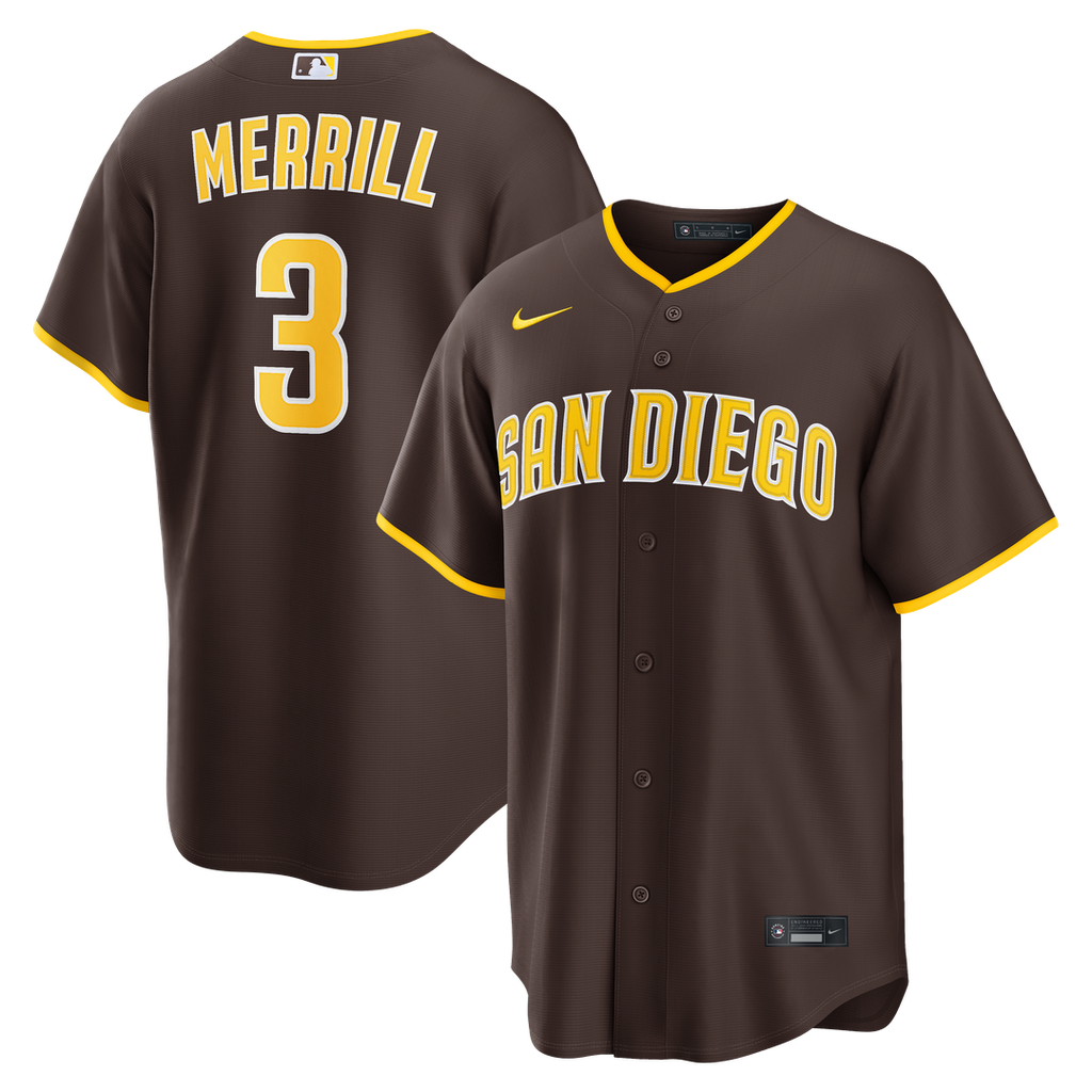 San Diego Padres Jackson Merrill Road Replica Jersey | Brown