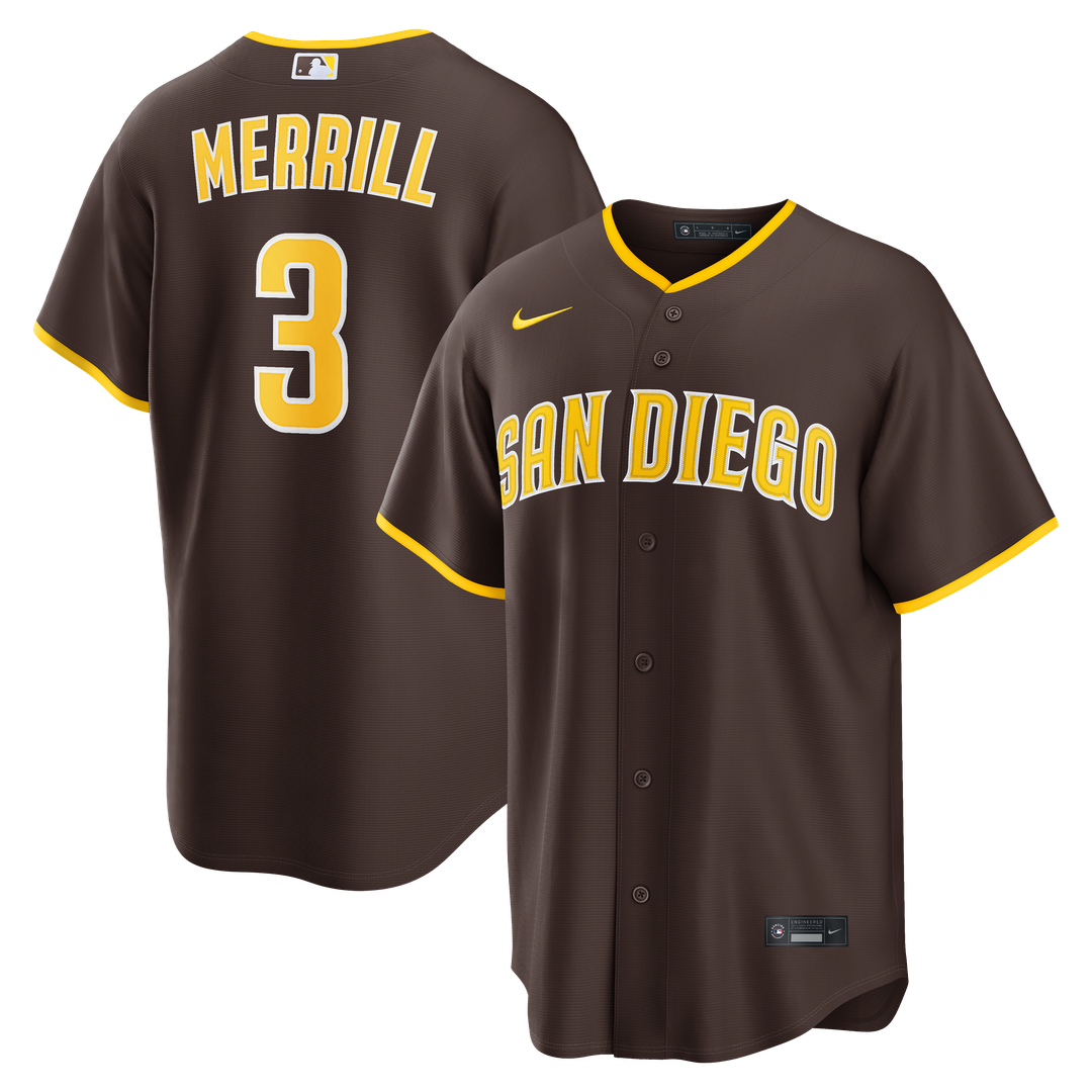 San Diego Padres Jackson Merrill Road Replica Jersey | Brown