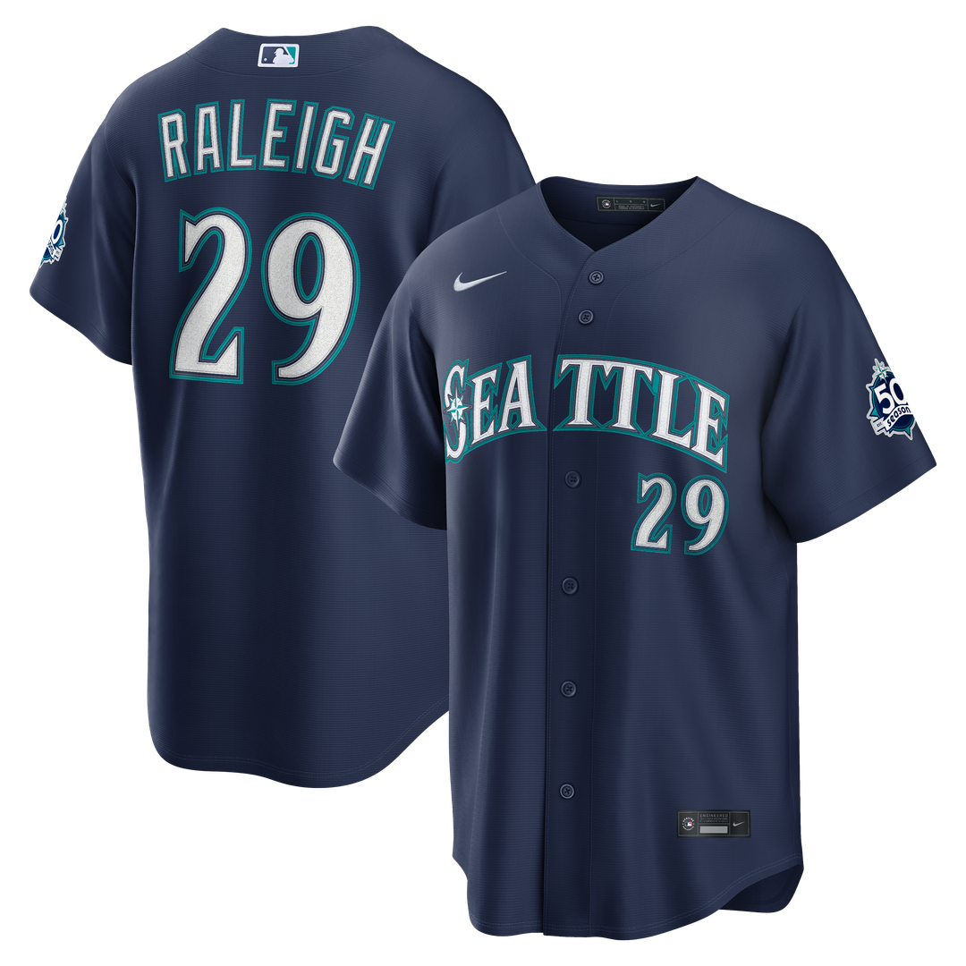 Seattle Mariners Cal Raleigh Road Stadium 50th Season Patch Jersey | Navy