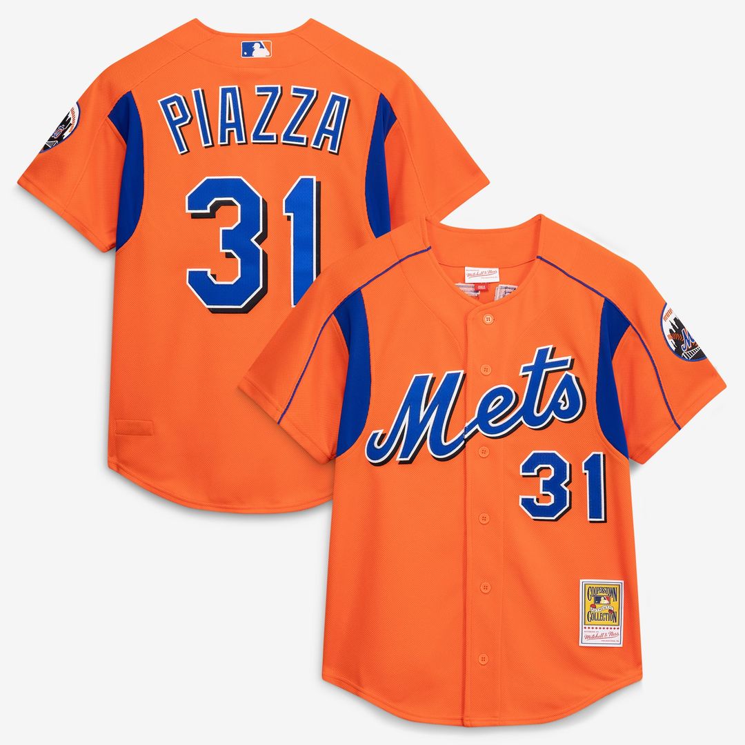 New York Mets Mike Piazza Cooperstown Mesh Batting Practice Button-Up Jersey | Orange