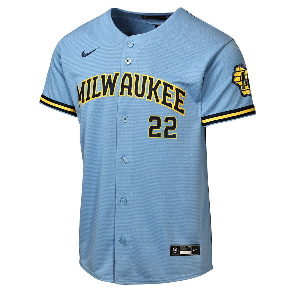 Milwaukee Brewers Christian Yelich Youth Road Stadium Jersey | Powder Blue