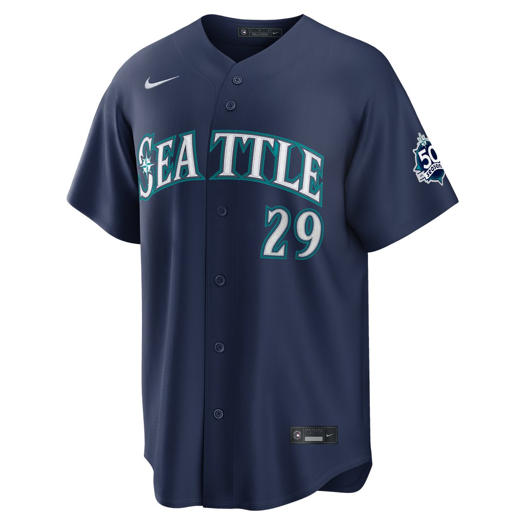Seattle Mariners Cal Raleigh Road Stadium 50th Season Patch Jersey | Navy