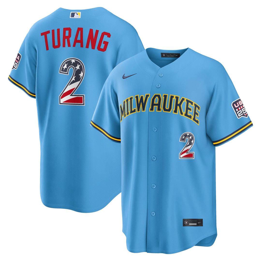 Milwaukee Brewers Brice Turang USA 250 Fourth of July Road Stadium Jersey | Light Blue